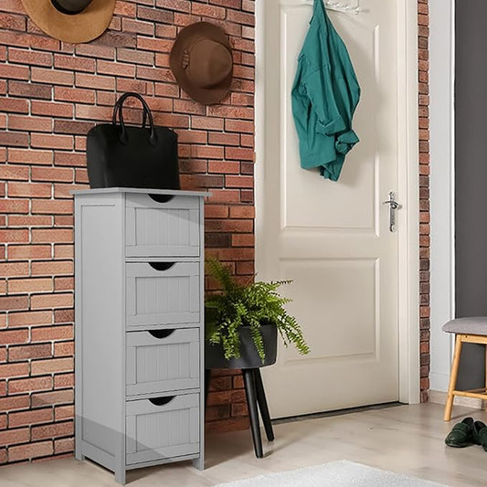 Bonnlo Bathroom Organizer and Storage Wooden Side Bathroom Cabinet with 4 Drawers Free Standing Cabinet White for Bathroom Bedroom Living Room Hallway, 11 13/16" x11 13/16" x32 3/8" (Grey)