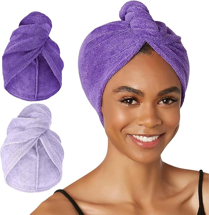 Turbie Twist 2-Pack Microfiber Hair Towel for Beauty, Travel, Gifting - Hair Wrap Turban for Straight, Wavy & Curly Hair - Premium Personal Care - Dark Purple & Light Purple