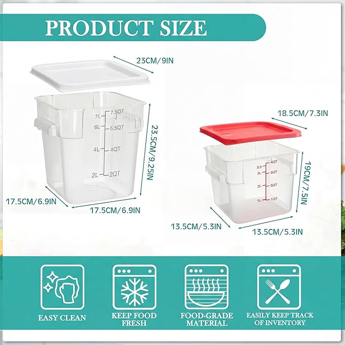 Lallisa 4 Pcs 8qt & 4qt Clear Food Storage Containers with Lids Handles and Scales, Stackable Plastic Square Food Storage Containers for Dough Proofing Baking Kitchen Restaurant(White, Red)