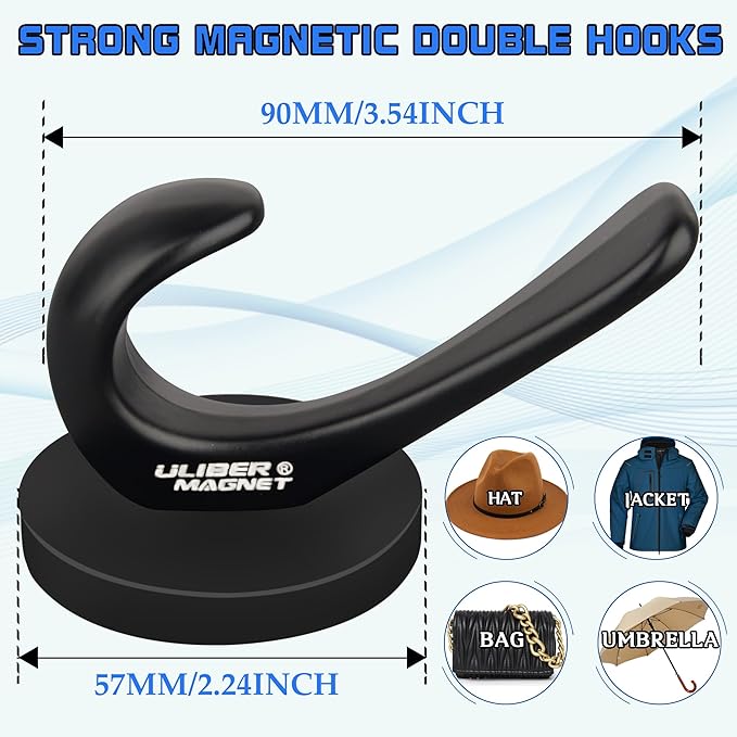 ULIBERMAGNET Strong Magnetic Coat Hooks, 2 Pack Heavy Duty Magnetic Double Hooks, Rubber Magnets Hooks for Coat Robe Towel Key Hat Clothes Jacket (Black)