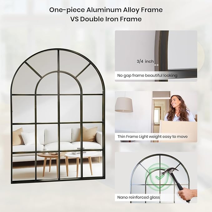 Arched Windowpane Wall Mirror 30"x48" Bronze Wall Mounted Art Pane Mirror Farmhouse Decorative Mirror Leaning Hanging Wall Mirror for Bedroom Living Room Entrance Hallway Wall Decor