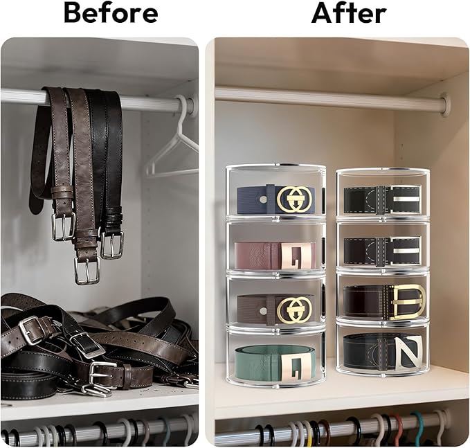 Belt Organizer for Closet Storage: Clear Acrylic 8-Layer Stackable Belt Box, Space-Saving Neat Case Holder