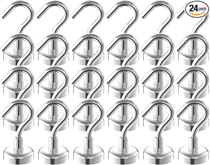 Heavy Duty Small Magnetic Hooks with 0.79" Dia Magnetic Base,40lbs - 24Pack Super Strong Rare Earth Magnet Hook, Extra Strong Cruise Hook for Hanging, Magnetic Hanger for Cabins, Grill