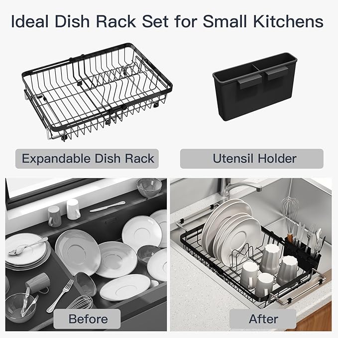 Small Expandable Over The Sink Dish Drainer Drying Rack In Stainless Steel Metal For Kitchen, Counter Space Saving Black Compact Above Plate Dryer Strainer, Adjustable Hanging Inside Sink Drain Holder