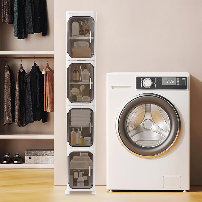 4-Tier Plastic Narrow Storage Cabinet with Movable Wheels & Doors, Tall Slim Bathroom Organizers and Storage Cabinet for Small Space, Bathroom, Kitchen, Laundry (White)