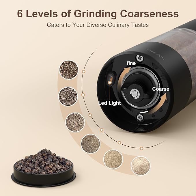 Ultrean Pepper Grinder, Rechargeable Salt and Pepper Grinder Set with 6 Adjustable Coarseness, LED Light, Automatic Grinder for Kitchen, House Warming Gifts New Home, White&Black