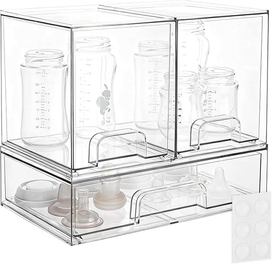 Baby Bottle Storage Organizer - Acrylic Storage Containers, Clear Stackable Drawer Baby Bottle Station Organizer for Countertop Cabinet, BPA-Free, Lead-Free (1 Wide+2 High, Clear)
