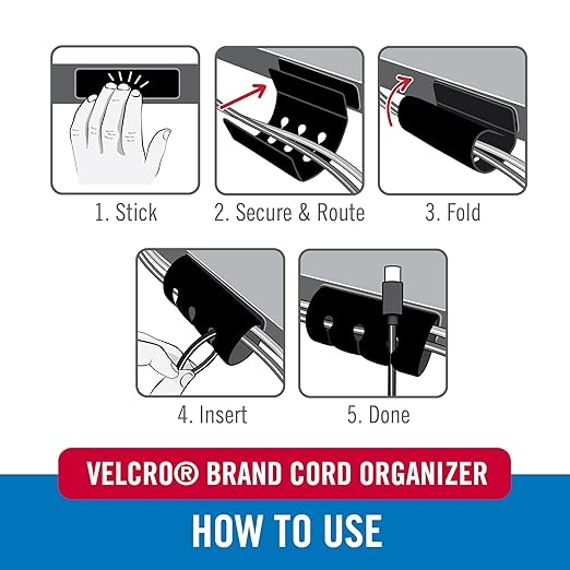 VELCRO Brand Cord Organizer for Desk & Nightstand, Stocking Stuffers for Adults, 5 Cable Slots with Sleeve Routing, Adhesive Wire Holder for Cord Management, Home, Office & Gaming, Black 2 Pack