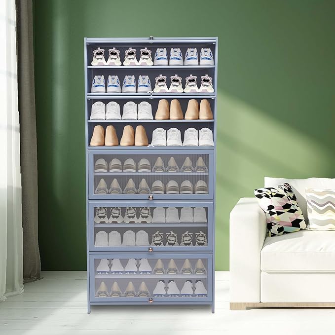Bamboo Shoe Cabinet with Flip Doors, 10 Tiers Large Entryway Shoe Storage Cabinet, Tall Wooden Rack for Closet Bedroom (Grayish Blue)