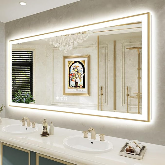 72x36 Inch LED Bathroom Mirror with Lights (Front Lit and Backlit) Gold Framed Lighted Vanity Mirror for Bathroom Wall Dimmable Anti-Fog Memory Tempered Glass Horizontal/Vertical