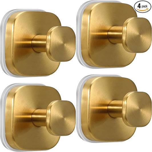 Suction Cup Hooks for Shower - Reusable No-Drill Mounting - Hooks for Towels, Robes & Loofah on Metal, Glass, Mirrors, Tile & Smooth Non-Porous Surfaces (4, Brushed Gold)