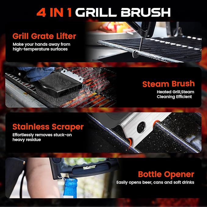 4-in-1 Bristle-Free Grill Brush — 18.8" Steam Grill Cleaner with Replaceable Head, Scraper & Bottle Opener, Long Non-Slip Heat-Resistant Handle