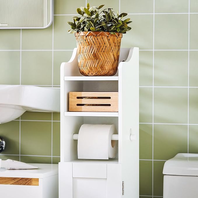 Haotian Corner Toilet Paper Holder Stand, Slim Bathroom Toilet Paper Storage Cabinet Organizer for Small Space, White FRG177-W