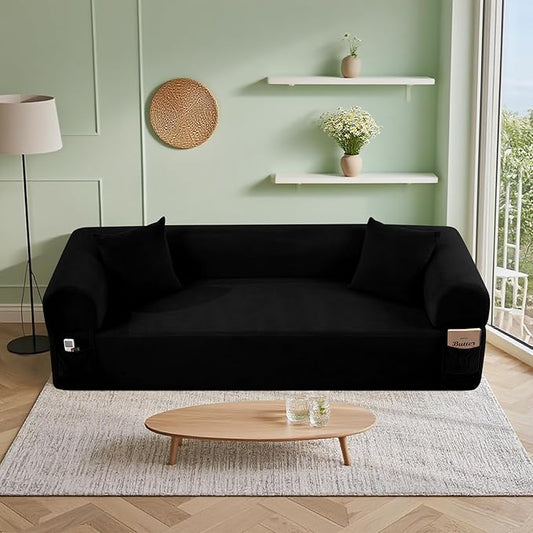 83'' Boneless Couch 3-Seater Floor Sofa No Assembly Needed Corduroy Small Couch for Living Room, Cloud Sofa with 2 Pillows & Storage Bag Couches in A Box for Office, Black