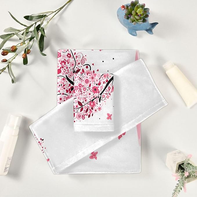 Pink Flowers Heart Tree Towels Set of 3 Romantic Love Spring Trees Butterfly Bathroom Towel Soft Absorbent Bath Hand Towels Washcloth Guest Towel Sets Mother's Valentine's Day Decorations