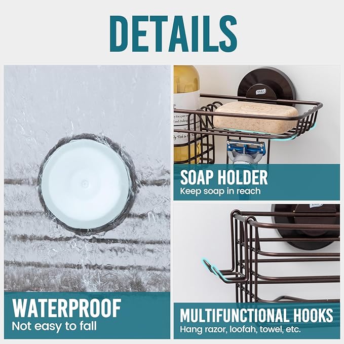 TAILI Shower Caddy Suction Cup with Hooks & Soap Holder, Heavy Duty Bathroom Shower Organizer, No Drilling Shelves for Inside Bathroom, Metal Storage Basket-Brown