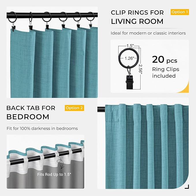 INOVADAY 100% Blackout Curtains for Bedroom, Black Out Curtains 84 Inch Long, Clip Rings Linen Blackout Drapes, Thermal Insulated Room Darkening for Living Room, 2 Panels - Teal,W50xL84