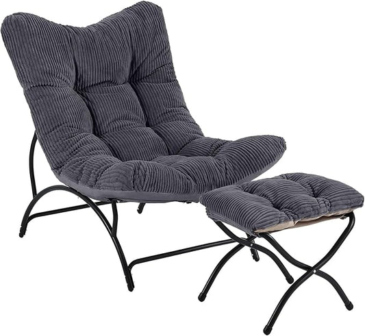 Welnow Modern Accent Chair with Ottoman, Upholstered Comfy Lounge Recliner Sofa, Thick Cushion Oversized Lazy Reading Chair with Footrest for Living Room, Bedroom, Apartment, Office, Dorm, Dark Grey