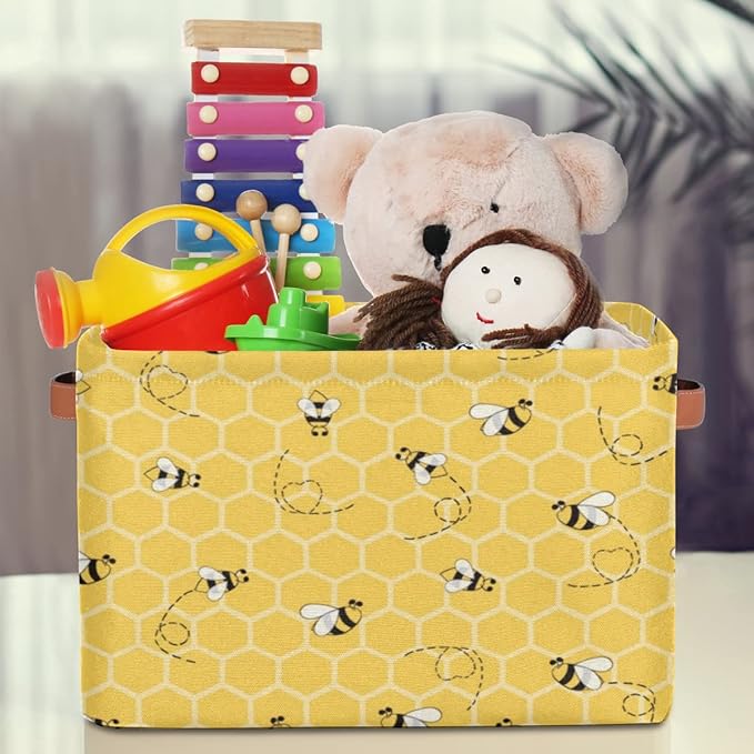 2Pack Yellow with Bees Large Collapsible Storage Bins,Honey Honeycombs Decorative Canvas Fabric Storage Boxes Organizer with Handles,Rectangular Shelves Baskets Box for Home Office Nursery Closet