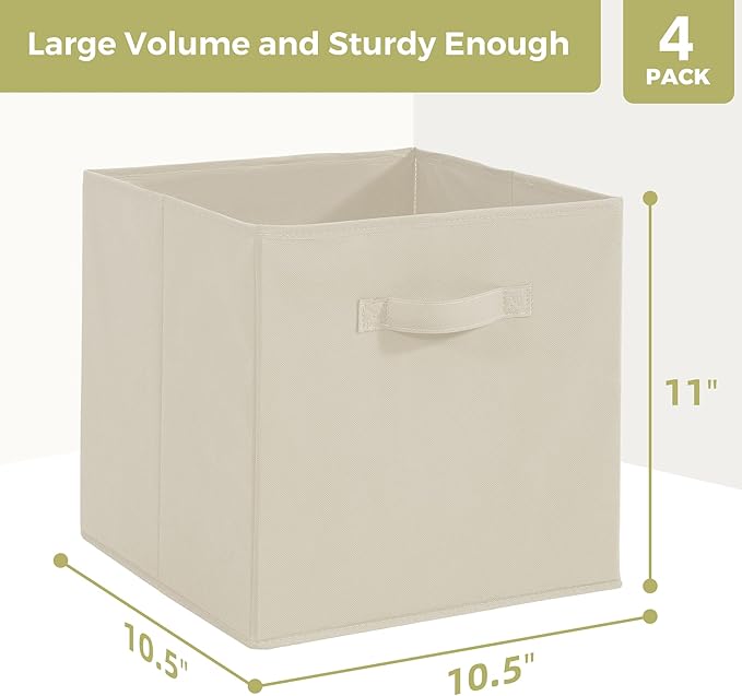 Storage Cubes, 11 Inch Cube Storage Bins, Set of 4, Fabric Foldable Storage Bins With Handles, Closet Storage Organizer Bins, Cubby Clothing Storage Baskets for Shelves, Beige