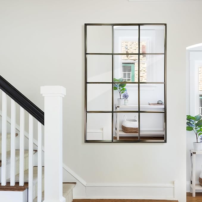 Windowpane Wall Mirror 24"x36" Bronze Wall Mounted Art Pane Mirror Farmhouse Decorative Mirror Leaning Hanging Wall Mirror for Bedroom Living Room Entrance Hallway Wall Decor