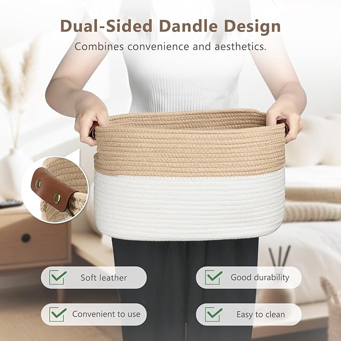 Cotton Rope Basket, Storage Baskets with Handle, 15x10x9 Inch Woven Basket for Shelves, Laundry, Towels, Clothes, Books (White/Beige 2Pack)