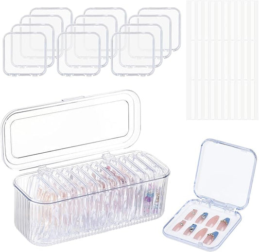 Press On Nail Orgnizer 12pcs 3.3inch Clear nail storage box and 1 large storage box for Press On Nail Packaging and fake Nail Storage Nail Display with double sided tape.