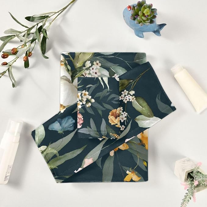 Orange White Floral Bath Towel Set - 3 Piece Vintage Green Leave Flower Set (1 Bath, 1 Hand, 1 Washcloth) - Absorbent Decorative Bathroom Towels for Fingertip, Hair, Face