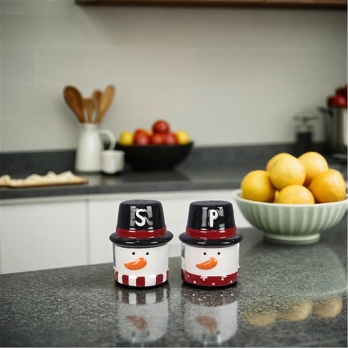 Young’s Inc Ceramic Christmas Marshmallow Snowman Salt & Pepper Set – Cute Red & Black Holiday Tabletop Shakers, 3.35" Small Size for Christmas Dining & Winter Kitchen Decor