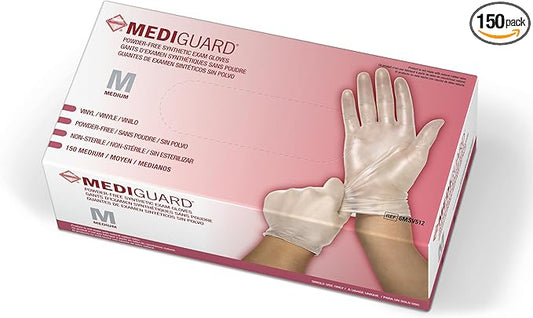 Medline MediGuard Vinyl Exam Gloves, 150 Count, Medium, Powder Free, Disposable, Not Made with Natural Rubber Latex, All-purpose Medical Tasks