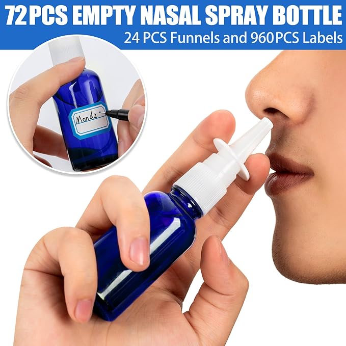 120 Pcs Nasal Spray Bottle, 1OZ/30ML Bule Empty Glass Nasal Spray Bottles Refillable with 24 Funnels and 24 Labels