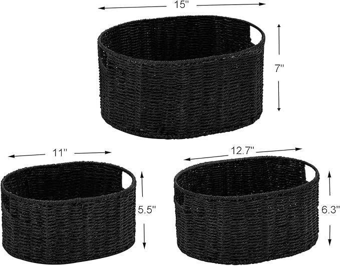 Vagusicc Wicker Basket, Set of 3 Round Storage Baskets for Organizing, Woven Paper Rope Wicker Storage Basket with Handles, Black Cube Storage Organizer Bins Baskets for Shelves & Decor, Black