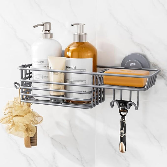 TAILI Shower Caddy Suction Cup with Hooks & Soap holder, Heavy Duty Bathroom Shower Organizer, No Drilling Shower Shelves for Inside bathroom, Metal Storage Basket-Grey