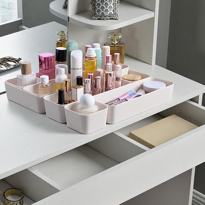 9 Pcs Stackable Drawer Organizer Set, Plastic Storage Trays and Dividers In 4 Sizes for Vanity, Bathroom, Kitchen, Office Desk and Dresser Drawers, Off White