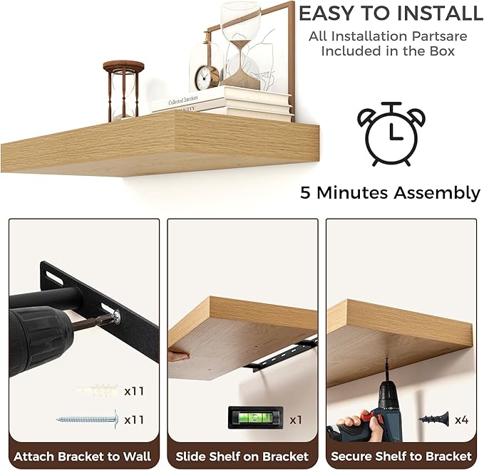Floating Shelves for Wall, 55 Inch Wide x 12 Inch Deep Floating Shelves, Long Wood Floating Wall Shelf Shelves for Living Room Bathroom Bedroom Kitchen Home - (Oak, 55" W x 12" D x 2" H)