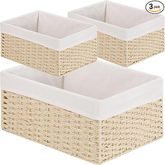 Vagusicc Wicker Basket, Set of 3 Hand-woven Storage Baskets for Organizing, Decorative Bathroom Wicker Storage Basket Bins with Handles, Small Toilet Paper Storage Baskets for Shelves & Decor, Beige