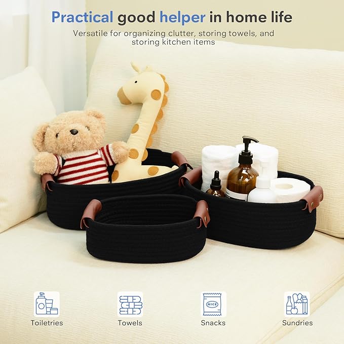 5 Piece Storage Baskets Small Woven Basket with Detachable Leather Handle, Cotton Rope Shelf Baskets for Closet Organizers, Different Sizes Basket Decor, Black