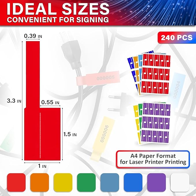240 PCS Cable Labels Tags for Cable Management – 8 Bright Colors, Self-Adhesive, Tear-Resistant & Waterproof Cord Labels for Electronics | Tags for Wires - Writable or Printable with Laser Printer