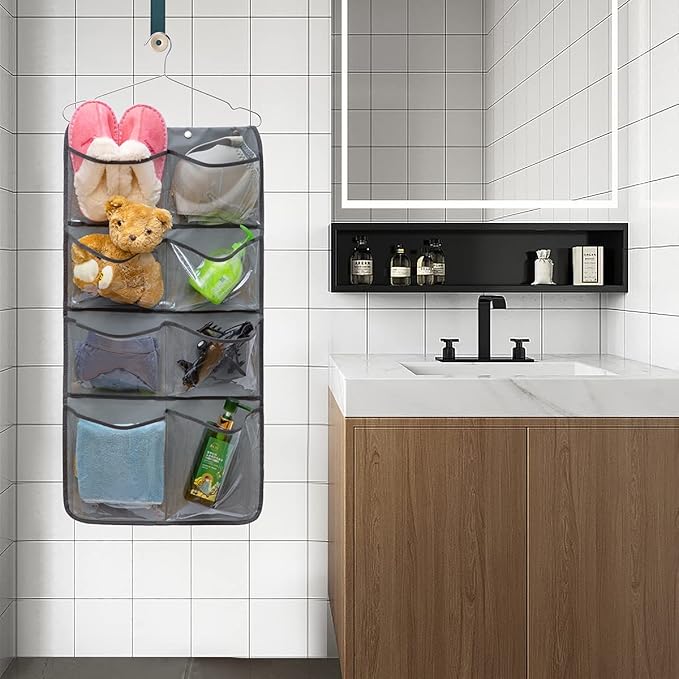 Dual Sided Hanging Closet Organizer Durable Socks Stocking Clothes Bra Accessories Storage Bag With 16 Large Pockets (Clear PVC Pockets)