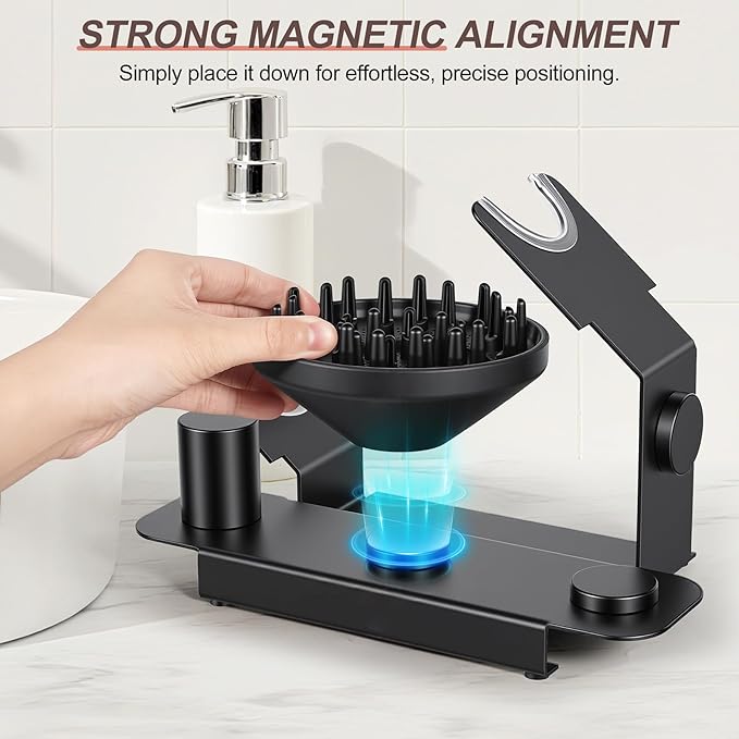 Affogato Hair Dryer Holder Stand Compatible with Dyson Supersonic r, Magnetic 4 Holes Countertop Hair Dryer Organizer, Steel Storage Rack for Attachments Diffuser/Nozzles