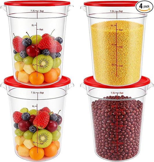 4-Pack Food Storage Containers with Lids,Round Plastic Containers for Kitchen, Food Grade, BPA-Free, Stackable, Clear Red Storage Buckets (Red, 7.5L)