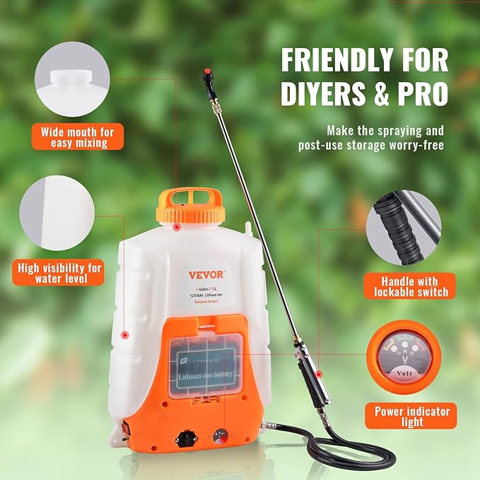 Battery Powered Backpack Sprayer, 0-90 PSI Adjustable Pressure, 4 Gallon Tank, Back Pack Sprayer with 8 Nozzles and 2 Wands, 12V 8Ah Battery, Wide Mouth Lid for Weeding, Spraying, Cleaning
