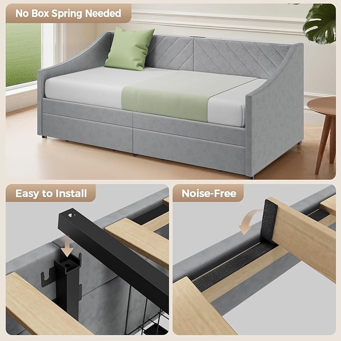 Twin Size Daybed with 2 Storage Drawers, Upholstered Daybed Frame with Charging Station, Heavy Duty Sofa Bed for Bedroom, Living Room, No Box Spring Needed,Easy Assembly