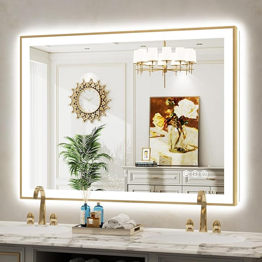 48x36 Inch LED Bathroom Mirror with Lights (Front Lit and Backlit) Gold Framed Lighted Vanity Mirror for Bathroom Wall Dimmable Anti-Fog Memory Tempered Glass Horizontal/Vertical