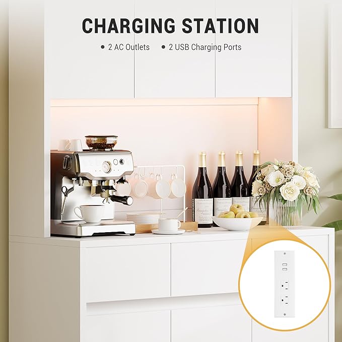71" Tall Kitchen Pantry Cabinet, Adjustable Shelves & Doors and Three Drawers, Microwave Shelf, Coffee Bar with LED Lights & Charging Station, Corner Storage Hutch for Living Room, White