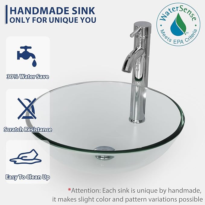 eclife 24" Modern Bathroom Vanity Sink Combo Freestanding Cabinet with Soft Closing Door, Clear Round Glass Vessel Sink, Water Save Faucet, Drain (Gray+A16)