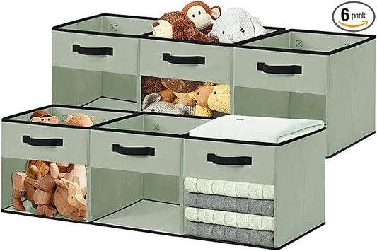 DECOMOMO Storage Bins, Cube Storage Bin with Window, Fabric Storage Cubes for Shelves (11" / 6pcs, Green)