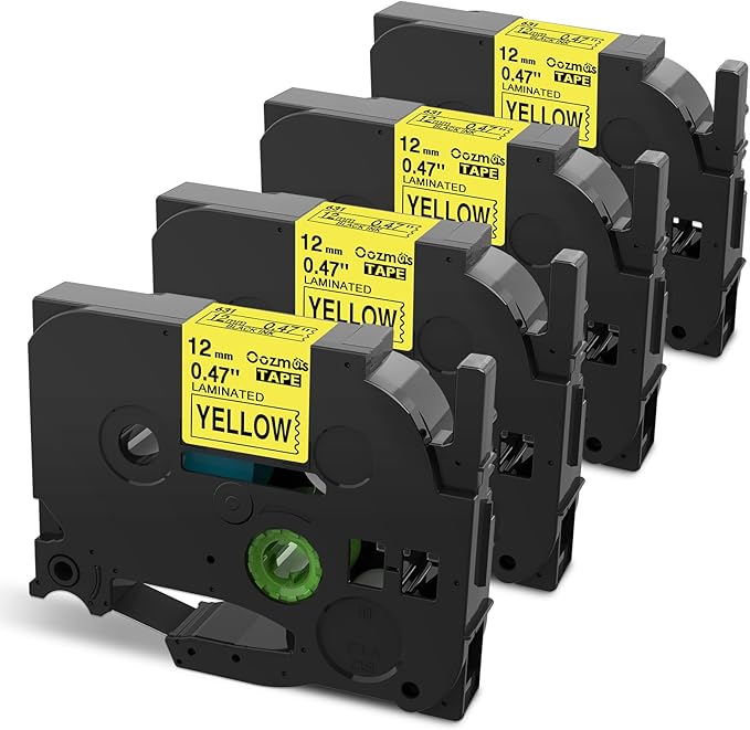 Oozmas Label Tape Yellow Replacement for TZe-631 Brother Label Maker Tape 12mm 0.47 TZE631 TZ Tape Laminated Ptouch Black on Yellow Compatible with Brother P-Touch Label Tape PTD210 PTH110, 4Pack