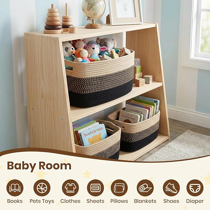 Storage Baskets for Organizing, 14 x 10 x 9” Closet Shelf Woven Baskets, Square Bins with Handles, Cotton Rope Basket for Toys, Clothes, Office, Room, Black+Brown 1Pack