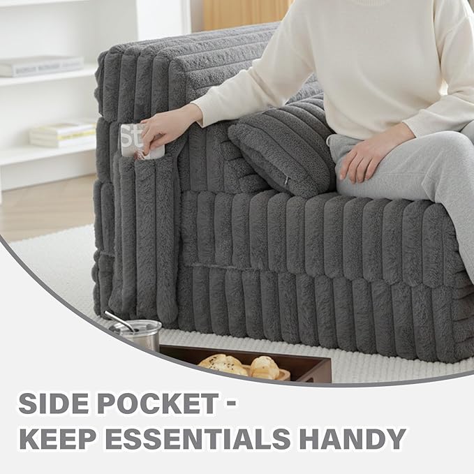 Tiita Folding Sofa Bed Twin Size, Convertible Sleeper Chair Mattress with Pillow, Thick Corduroy Floor Mattress Couch Bed with Side Pocket, Guest Room, Dorm, Apartment, Grey